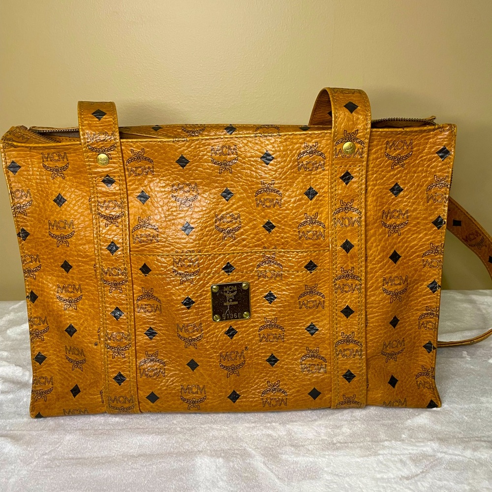 MCM Visetos Cognac Tote Bag - minor wear to corners and scratch on hardware